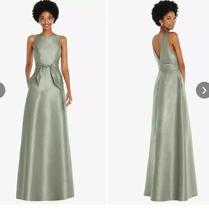 Jewel-Neck V-Back Maxi Dress with Mini Sash in Sage